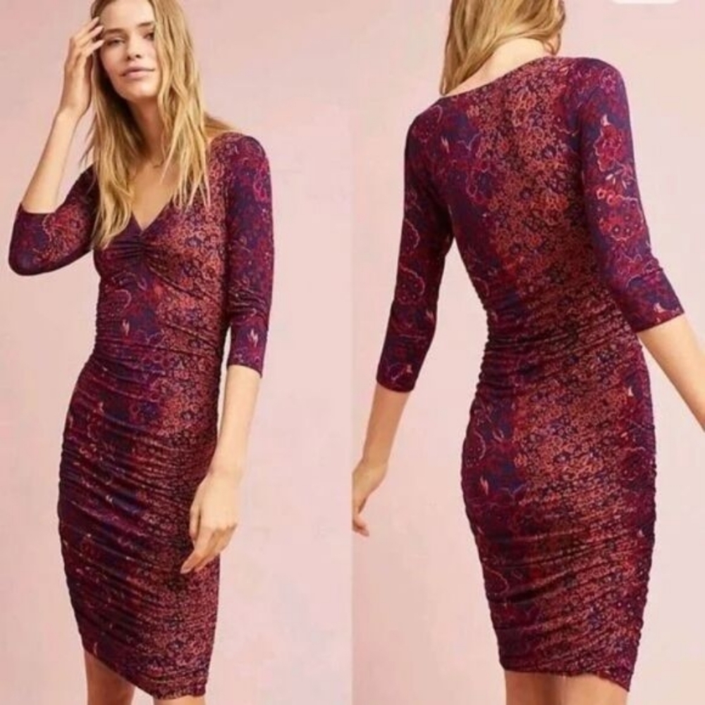Anthropologie Moulinette Soeurs Red Ruched Bodycon Midi Floral Dress X-Large XL